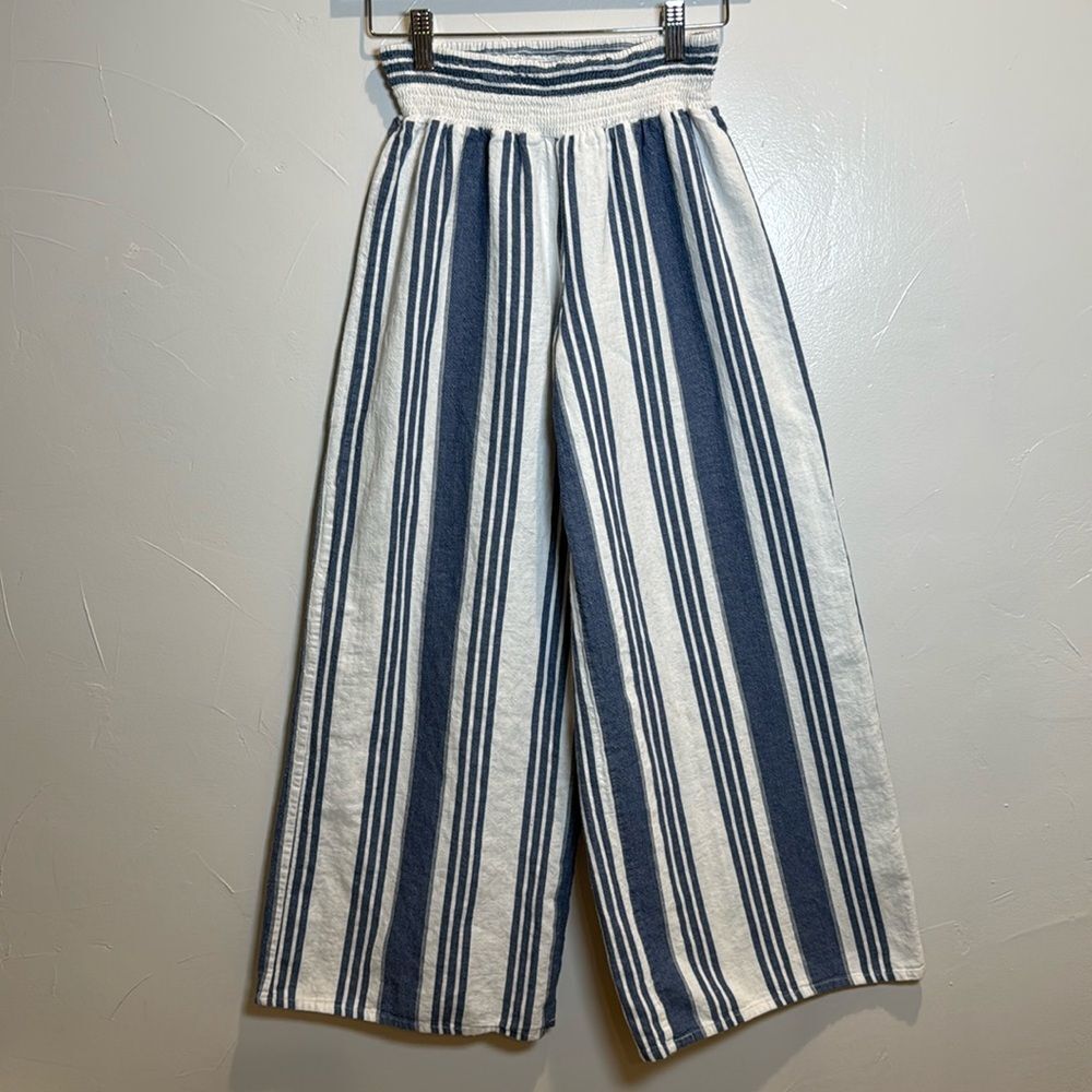 Altar'd Altard State Blue White Linen Blend Pull On Wide Leg Pants Size Small
